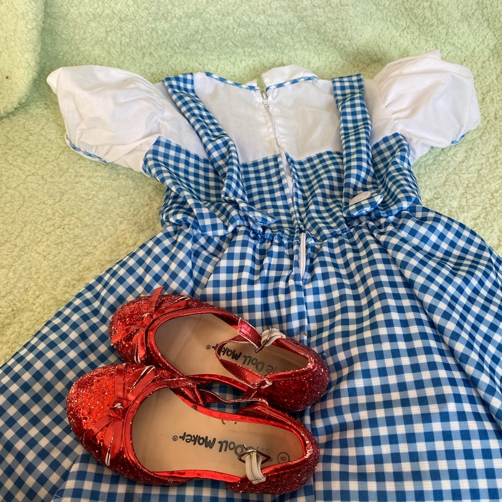 Kids dress up Dorthy Gale dress and ruby red slippers